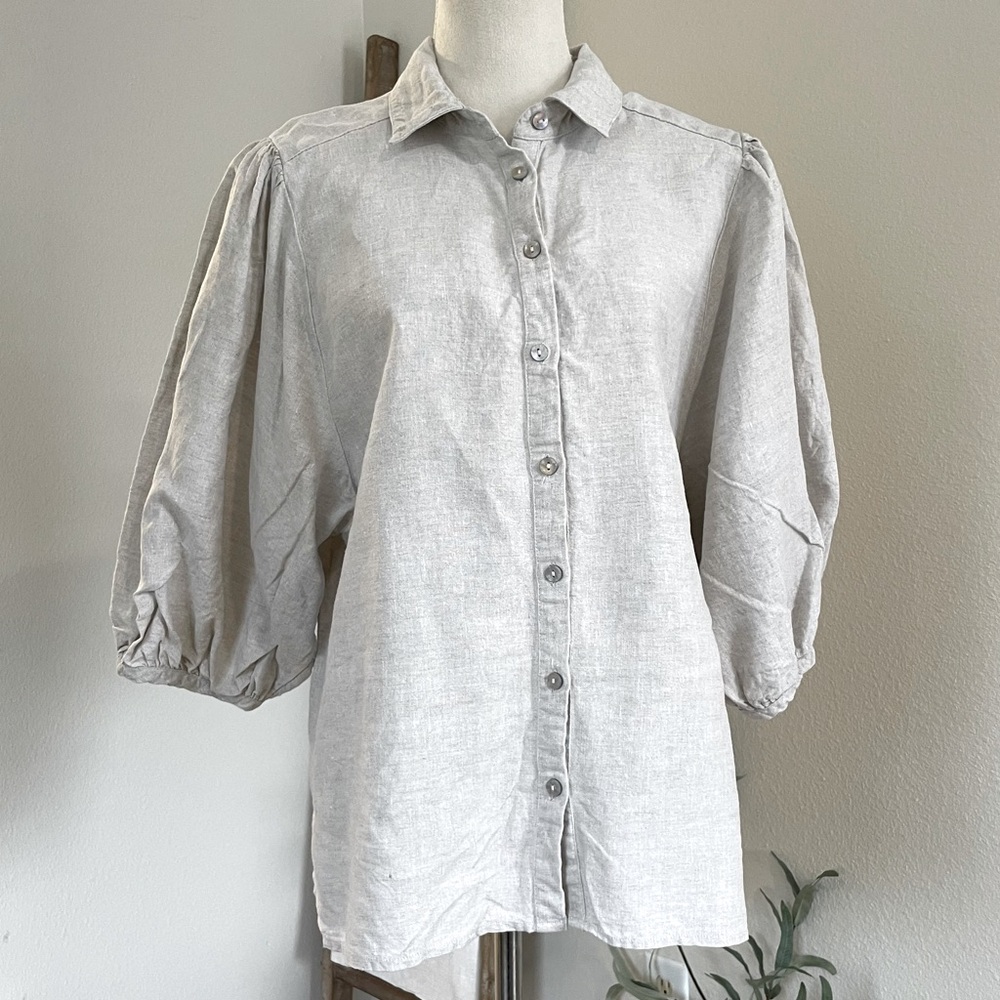 Chico’s 100% Linen Balloon Sleeve Collared Button Up Shirt Blouse Tan Linen